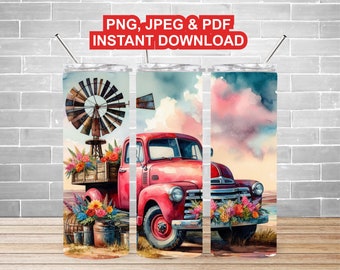 Vintage Floral Red Pickup Truck 20 oz Skinny Tumbler Wrap, Sublimation Design, Watercolor Farm Life PNG Straight Wrap Digital Download