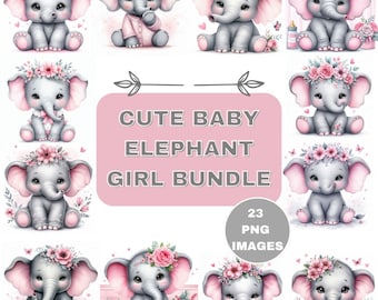 Cute Baby Elephant Girl Bundle PNG, 23 Pink and Grey Baby Elephant Digital Download, Elephant Themed Baby Nursery Decor Pintables,