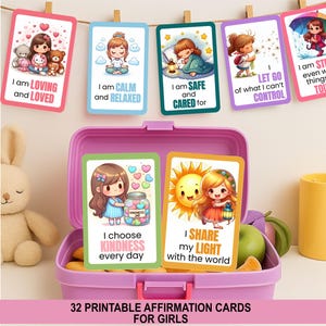 Tarjetas de Afirmaciones Positivas para Niñas / 32 Tarjetas de Mentalidad Positiva para Niños / Confianza y Crecimiento Emocional / Notas para la Lonchera (PDF) / Imprimibles