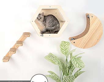 3-Piece Cat Wall Furniture Set-Hammock, Hexagon House, Climbing Steps-Wall Mounted Shelves-Modern Design