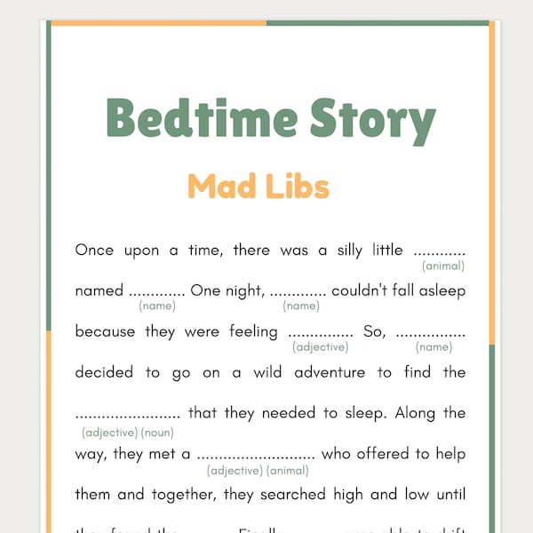 Games for Kids, Mad Libs, Mad Libs for Kids, Printable Mad Libs, Bedtime Story, Bedtime Story Mad Libs, School Games, Stories for Kids