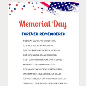Memorial Day Poem, Memorial Day Games, Memorial Day Party Games, Memorial Day Games for Kids and Adults, Forever Remembered Poem