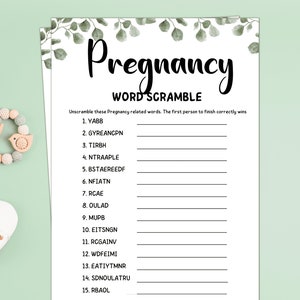 Pregnancy Games, Word Scramble, Pregnancy Party Games, Greenery Pregnancy Party Games, Gender Reveal Games, Baby Shower Games