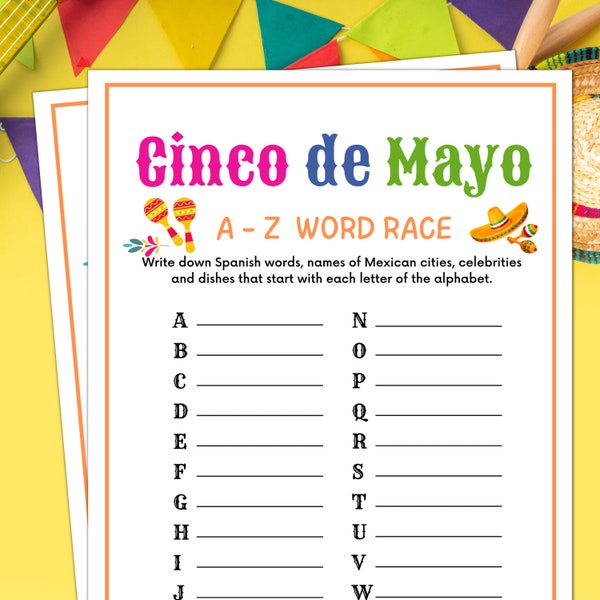Jeux Cinco de Mayo, course de mots de A à Z, jeux de société Cinco de Mayo pour la classe, la fête de bureau, les personnes âgées et la famille, célébration de Cinco de Mayo