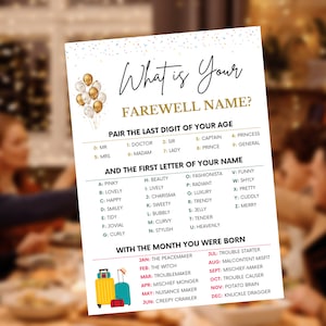 Farewell Party Games, What is Your Farewell Party Name?, Farewell Celebration, Going Away Party Games, Moving Away Party Games, Brunch Games