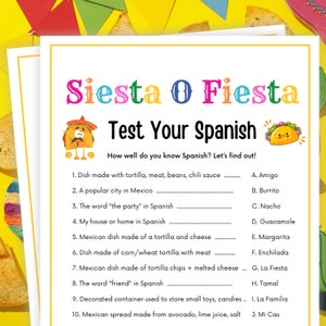 Puede incluir: Un cuestionario de idioma español imprimible con un título colorido "Siesta O Fiesta Pon a prueba tu español". El cuestionario tiene 10 preguntas sobre palabras y frases en español relacionadas con la cultura mexicana.