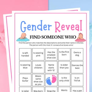 Gender Reveal Games, Gender Reveal Find Someone Who, Gender Reveal BINGO, Gender Reveal Party Games, Blue Pink Gender Reveal Games, BINGO