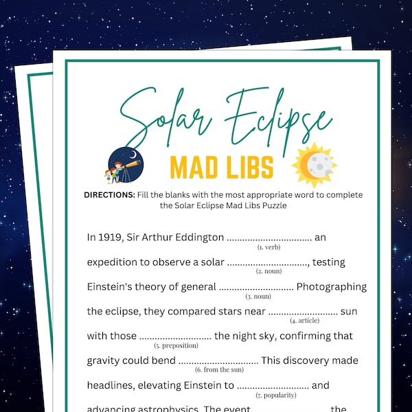 Solar Eclipse Mad Libs, Solar Eclipse Games for Kids, Family, Seniors and Adults, School Games, Bedtime Story for Kids, Mad Libs