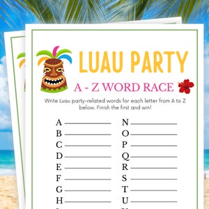 Luau Party Games, A to Z Word Race, Luau Birthday Party, Aloha Party Games, Hawaiian Baby Shower, Luau Family Games, Tropical Party