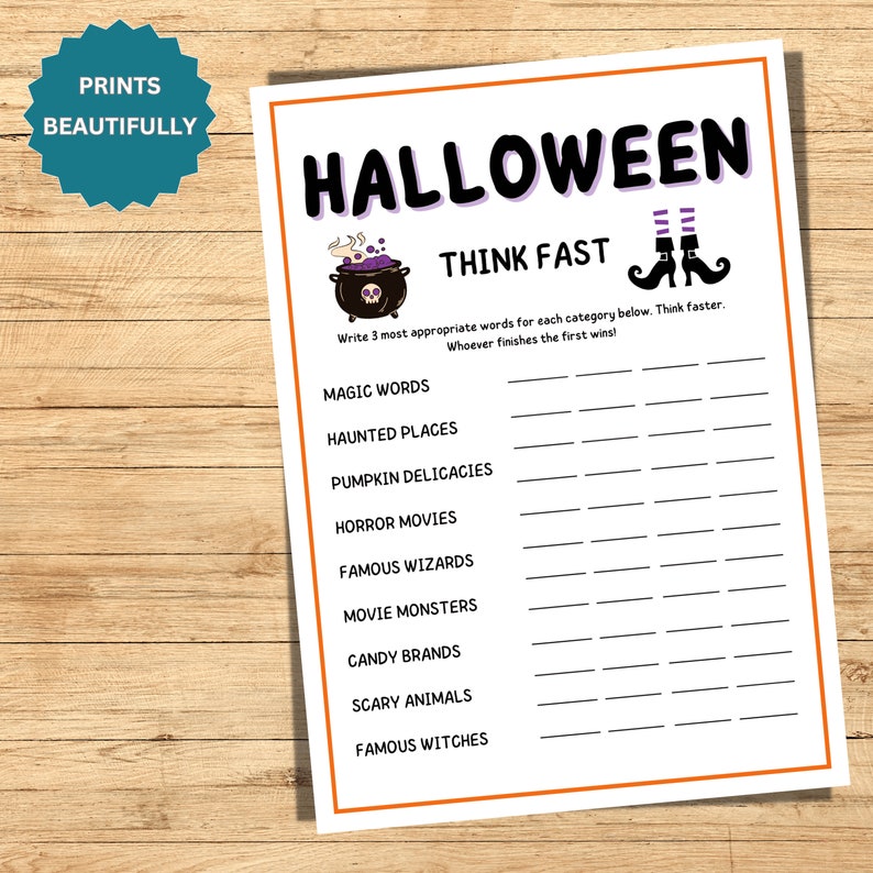 Halloween Games Printable Think Fast Halloween Party Games for Kids and