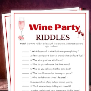 Puede incluir: Un juego imprimible para una fiesta de vino, titulado "Wine Party Riddles" en rojo. Incluye una ilustración de copa de champán y una lista de acertijos. El juego está diseñado para un evento temático de vino y tiene un borde rojo.