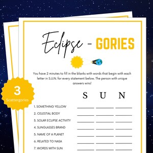 Solar Eclipse Games, Scattergories, Eclipse Games, Solar Eclipse Party Games, Eclipse Games for Kids, Classroom Games, Birthday Games