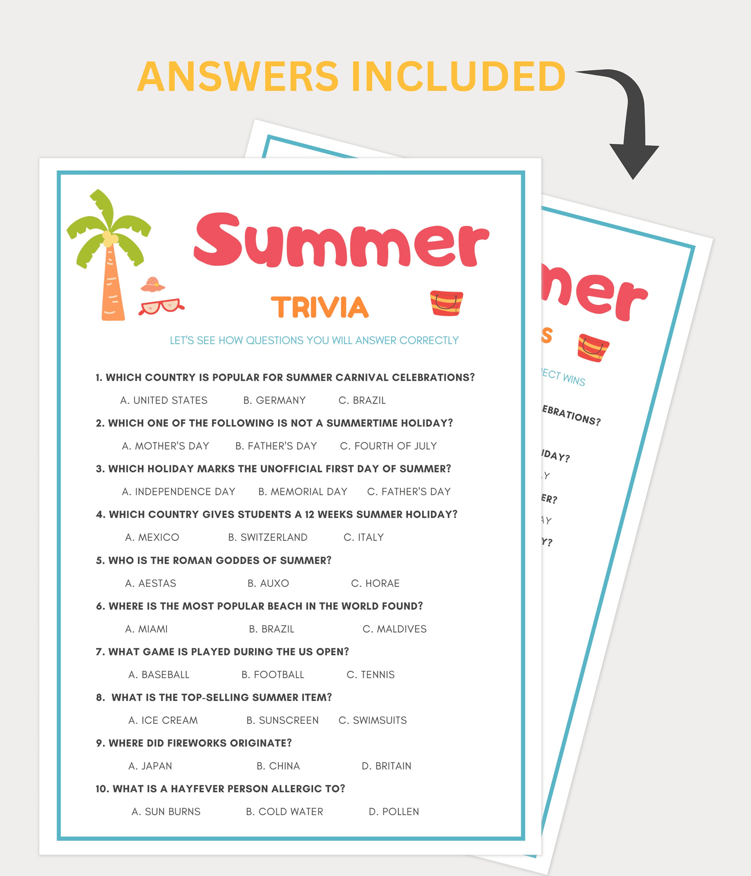 Summer Trivia, Summer Games for Kids, Summer Games for Adults