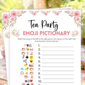 May include: A printable "Tea Party Emoji Pictionary" game sheet. The sheet features a floral border and the title "Tea Party Emoji Pictionary" in black script. The game includes emoji clues and numbered lines for answers.