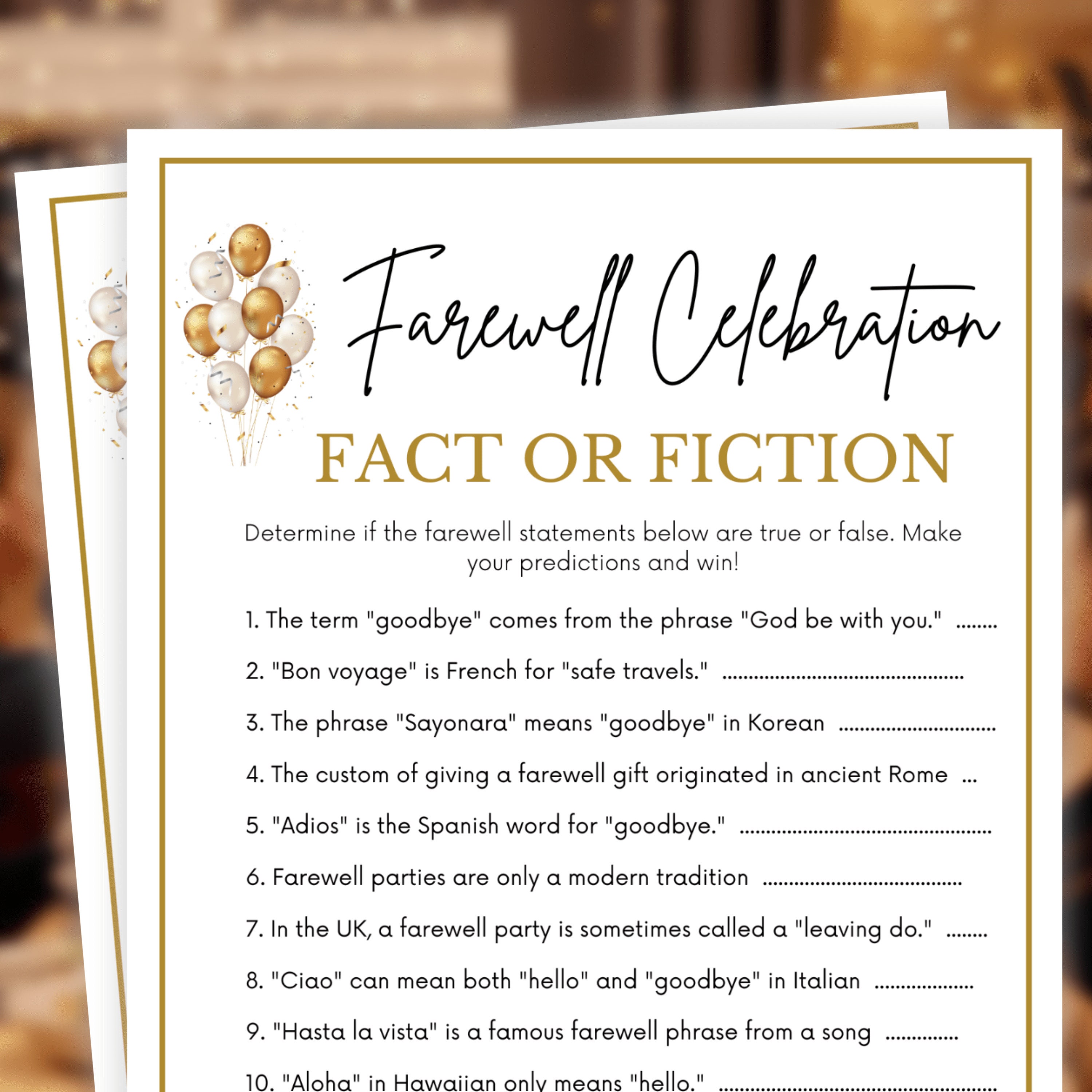 Farewell Party Games, Farewell Fact or Fiction, Farewell Party Games