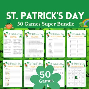 May include: A set of printable St. Patrick's Day games. The games include trivia, riddles, word scrambles, a word race, emoji pictionary, think fast, categories, and find someone who. There are 50 games in total.