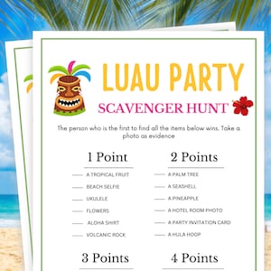 Luau Party Games, Scavenger Hunt, Aloha Party Games, Luau Games, Tropical Party Game, Hawaiian Party Game, Tiki Party Games, Luau Birthday