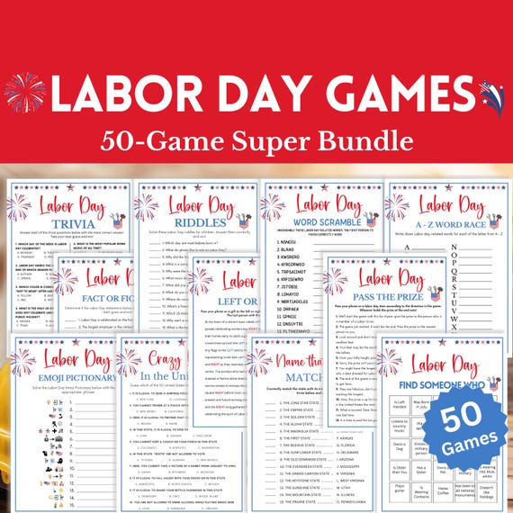 Labor Day Games, 50 Game SUPER Bundle, Labor Day Party Games, Patriotic Games, Work Party Games, Labor Day Trivia, Labor Day Riddles