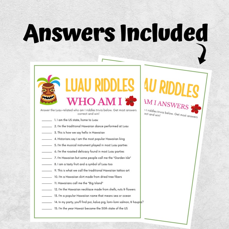 Luau Party Games, Who Am I Riddles, Luau Games, Luau Trivia, Luau Party ...