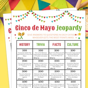 Cinco De Mayo Trivia, Jeopardy, Cinco de Mayo Games for Classroom, Office Party, Team Building, Brunch and Family, Cinco de Mayo Celebration