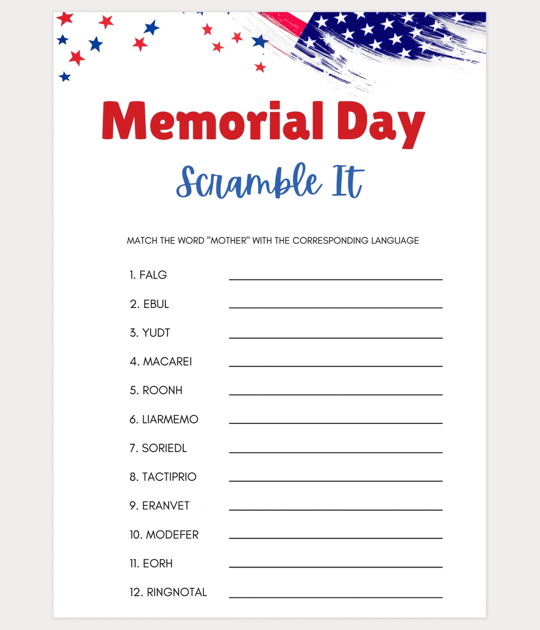 Memorial Day Scramble It, Memorial Day Games, Patriotic Games, Memorial