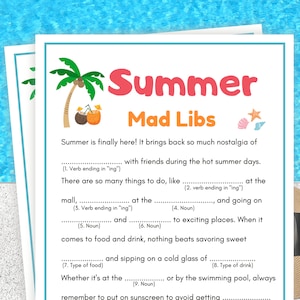 Summer Madlibs, Summer Games for Kids, Summer Party Games, Summertime Games, Summer Games for Adults, Summer Activity, Summer Games