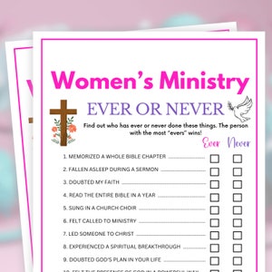 Puede incluir: Un juego imprimible para el ministerio de mujeres llamado "Siempre o Nunca". El juego tiene una lista de preguntas sobre la fe y la vida de la iglesia. Los jugadores marcan "Siempre" o "Nunca" para indicar si han hecho la actividad.