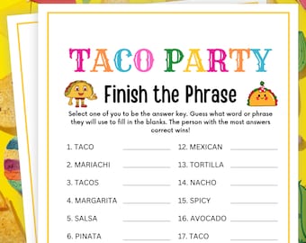 Taco Party Games, Finish the Phrase, Taco Games, Taco Tuesday Games, Taco Theme Games for Kids, Taco Birthday Games, Mexican Party Games