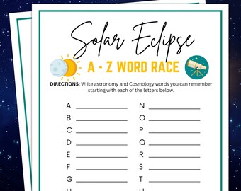 Solar Eclipse A to Z Word Race, Solar Eclipse Games, Eclipse Party Games for Kids, Family, Seniors, Adults, School Games, A - Z Race