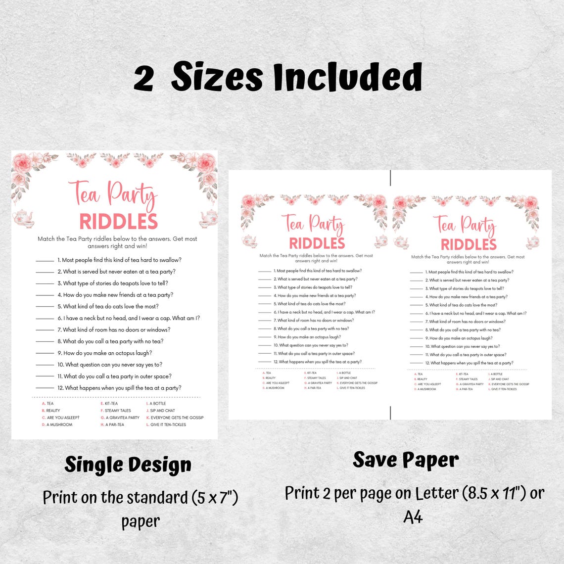Tea Party Riddles Game: Printable Bridal Shower, Birthday, Baby Shower ...