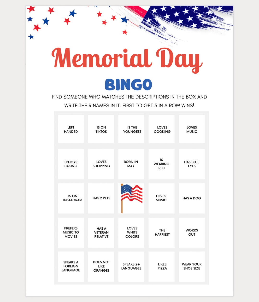 Memorial Day BINGO Memorial Day Games Patriotic Games for Etsy