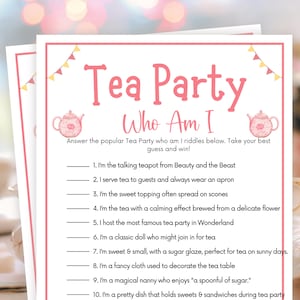 May include: A pink and white printable game card with the text "Tea Party Who Am I" and a list of riddles about tea party items. The card features a pink teapot with a floral design.