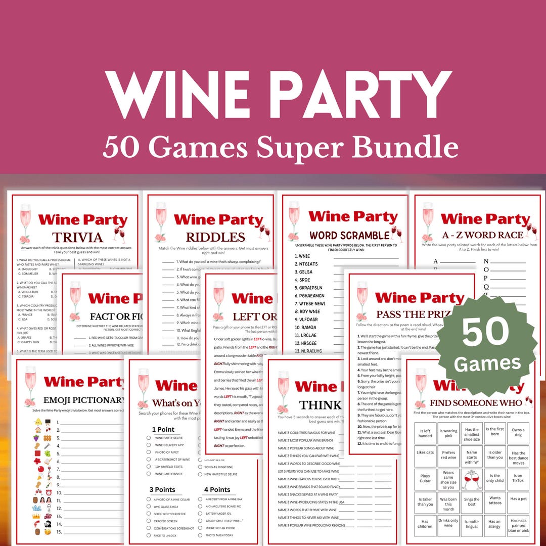 Wine Party Games, 50 Games SUPER Bundle, Printable Wine Games, Wine ...