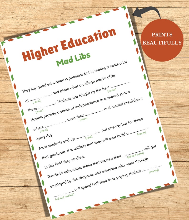 Mad Libs, Printable Word Game, Higher Education Mad Libs, Printable Mad ...