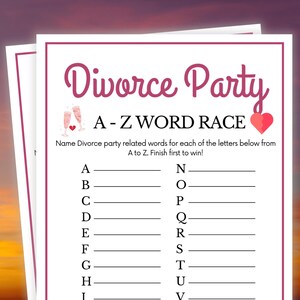 Divorce Party Games, Divorce A to Z Word Race, Divorce Games, Girls Night Games, Divorcee Party Games for Adults, Breakup Party Games