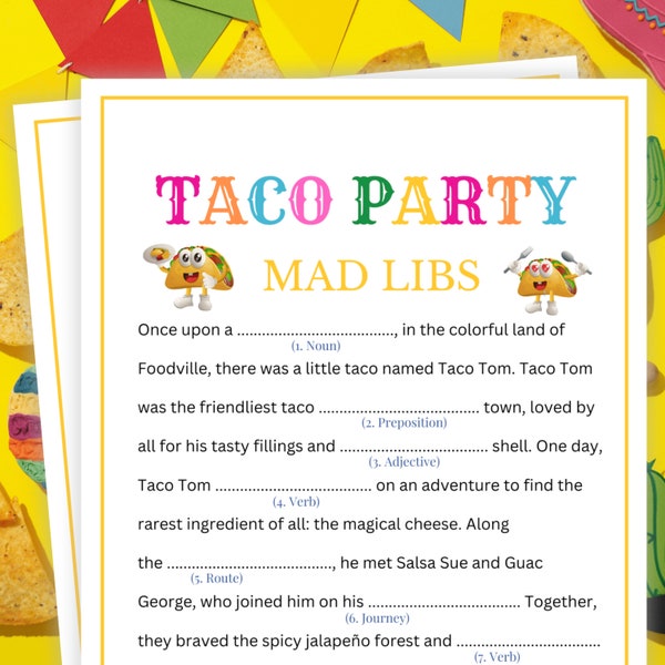 Taco Party Games, Madlibs, Bedtime Story for Kids, Taco Tuesday Games, Taco Themed Party Games for Kids, Birthday, Bridal, Mad Libs Story