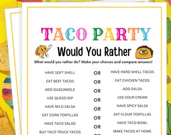 Taco Party Games, Would You Rather, Taco Tuesday Games, Taco Games, Taco Theme Party Games, Taco Birthday, Fiesta Games, Mexican Party Games