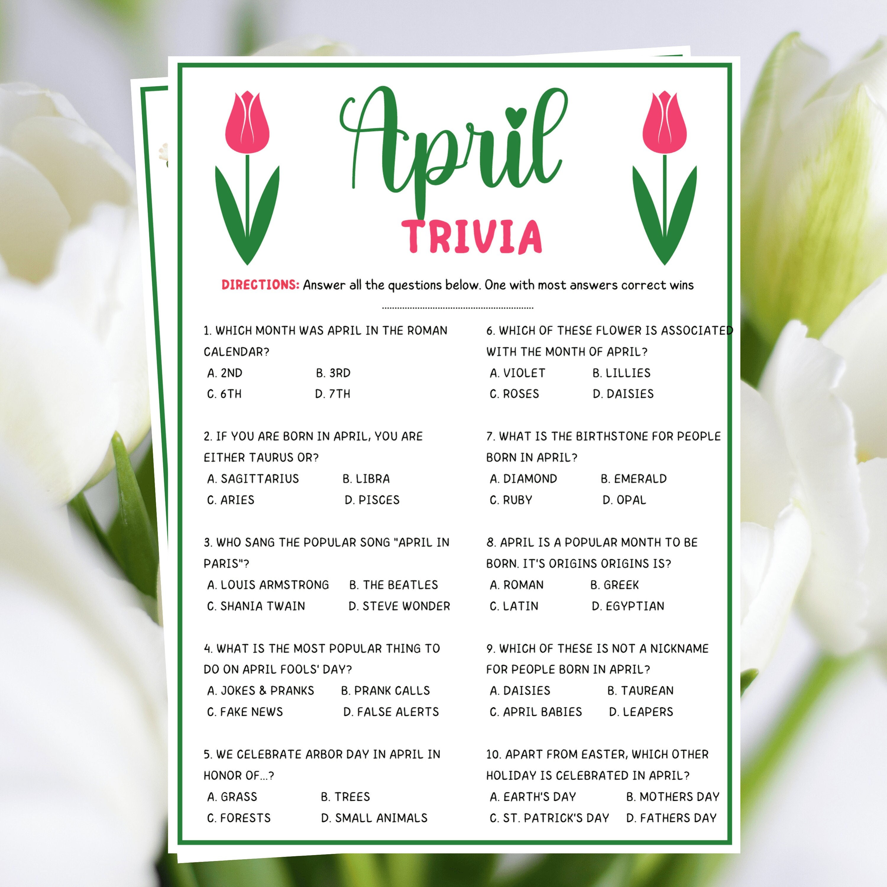 April Trivia Game, April Trivia for Kids and Adults, Printable April ...