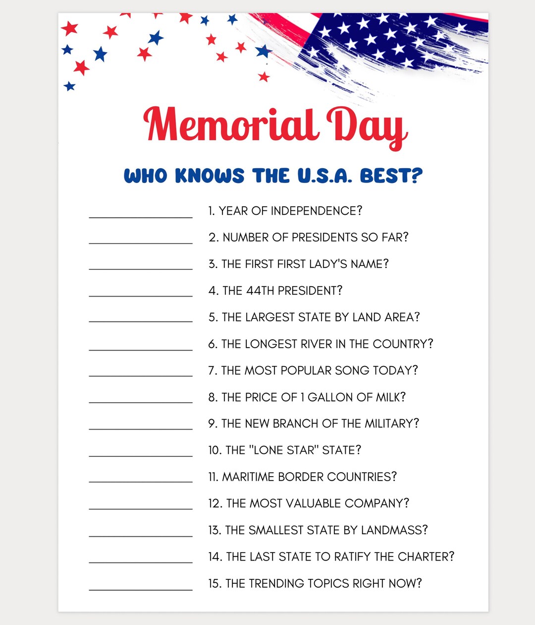 Memorial Day Games Who Knows the USA Best, Memorial Day Games for Kids