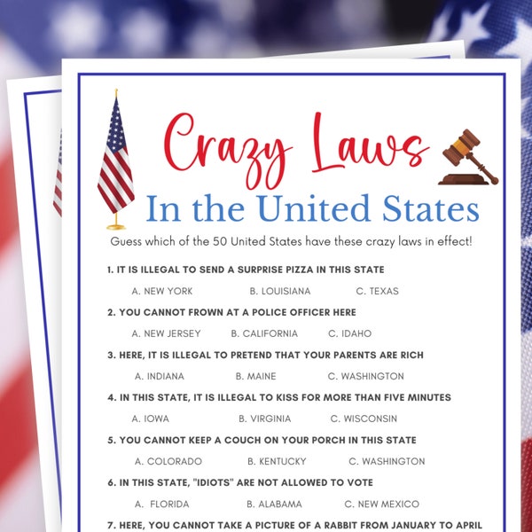 Crazy Laws in the United States Trivia, Memorial Day Game, 4th of July Game, Patriotic Game, Labor Day Game, Flag Day, Veterans Day Games