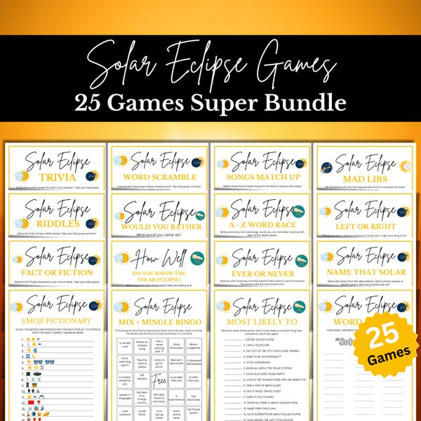 Sonnenfinsternis 25 Spiele SUPER BUNDLE, Eclipse-Partyspiele für Kinder, Erwachsene, Senioren und Klassenzimmer, Eclipse-Aktivität