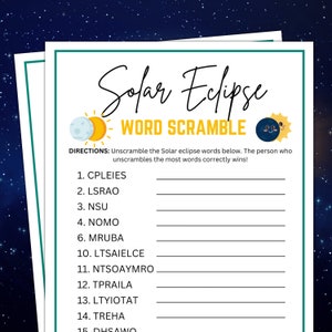 Eclipse Games, Word Scramble, Solar Eclipse Games, Classroom Games, Eclipse Themed Games, Birthday Games, Teen Birthday Games, Game for Kids