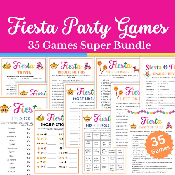 Fiesta Games Bundle, 35-Game SUPER Bundle, Fiesta Party Games for Office Party, Birthday Party, Baby Shower, Mexican Party Games, Taco Party