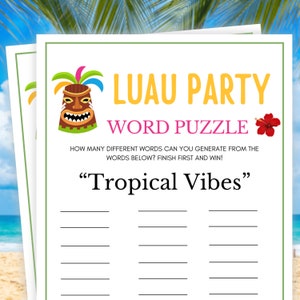 Luau Games, Word Puzzle, Luau Party Games, Aloha Party Games, Hawaiian Party Games, Tropical Party Games, Tiki Party Games, Luau Party Games
