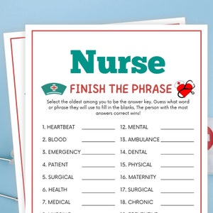 Nurse Games, Finish the Nurse Phrase, Trivia Game, Nurse Party Games, Nurse Graduation Games, Nurse Retirement Games, Nurse Birthday Games