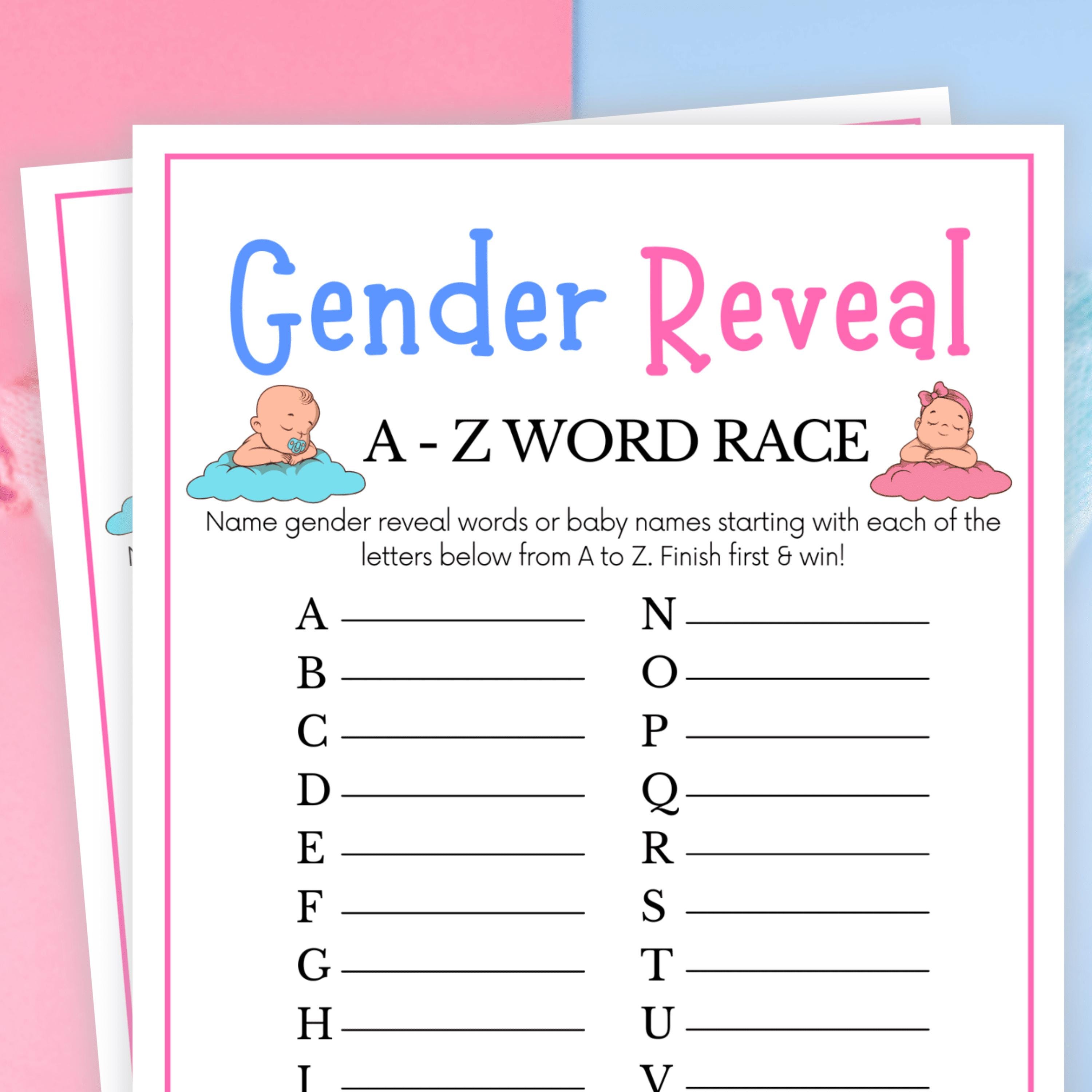 gender reveal games, a to z word race, blue pink gender reveal