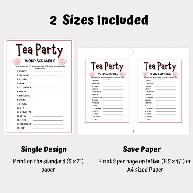 Tea Party Word Scramble Printable Tea Party Games Ladies Tea Party ...