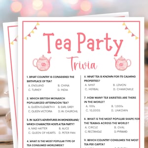 Puede incluir: Un juego de trivia de té rosa y blanco con nueve preguntas sobre el té. Las preguntas cubren temas como el lugar de nacimiento del té, el tipo de té más popular y las propiedades calmantes del té.