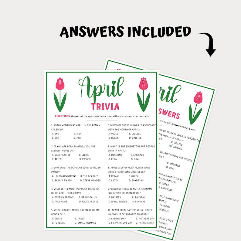 April Trivia Game, April Trivia for Kids and Adults, Printable April ...