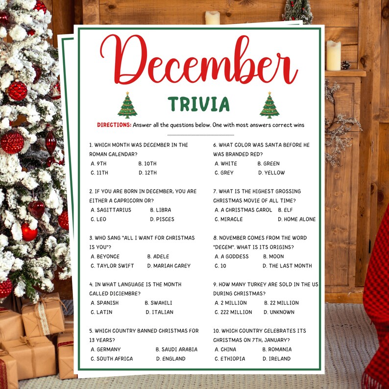 December Trivia Game, Trivia Game for Kids and Adults, Printable ...